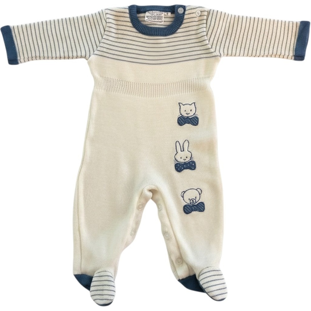 Friemanit Vintage Knit Footed Romper Kids 9M Cream Blue Striped Animal Retro